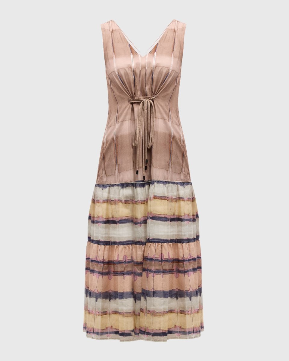 Sleeveless Tiered Watercolor-Print Maxi Dress